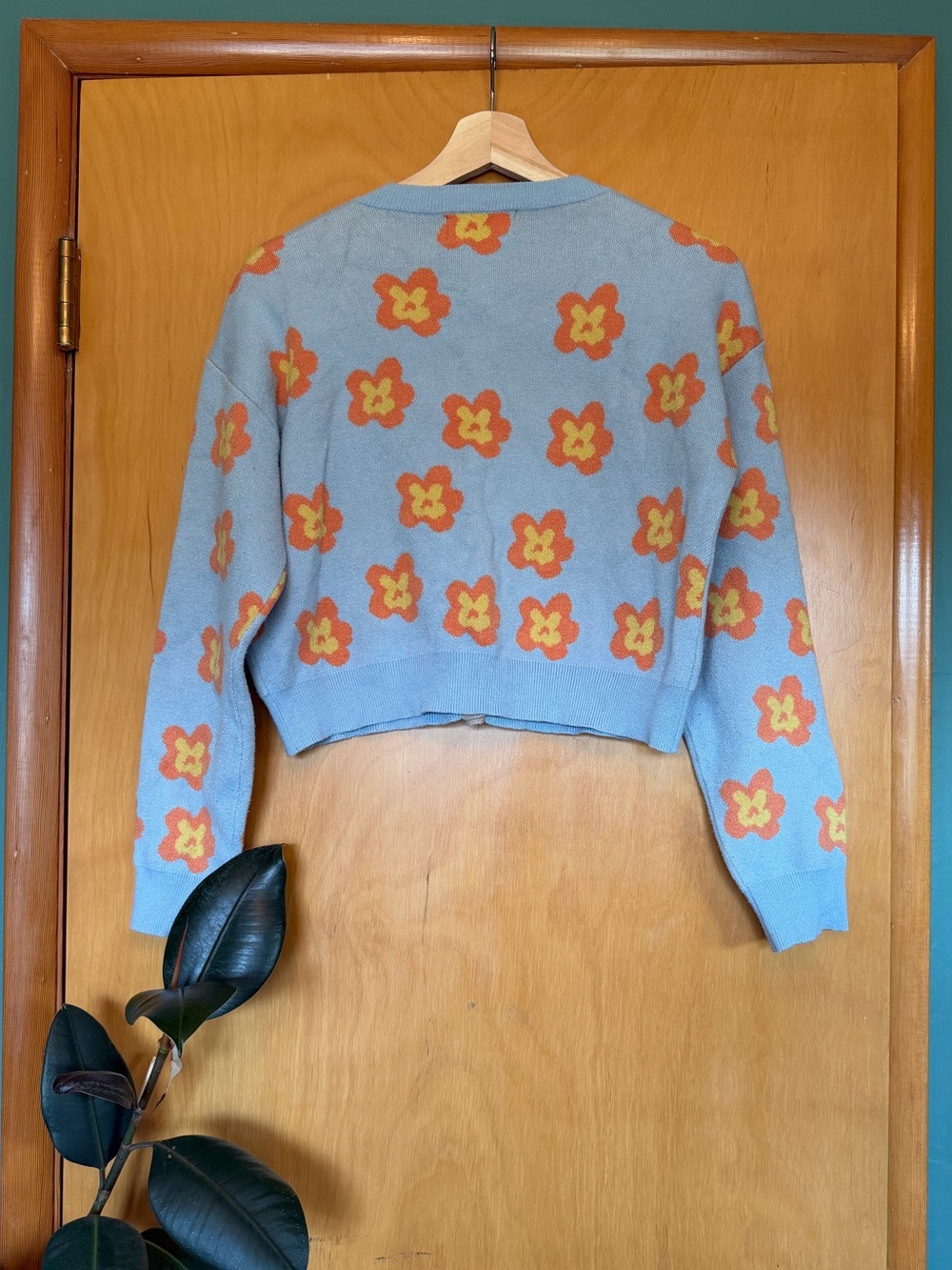 Cider Light Blue Cropped Cardigan with Orange Floral Knit - Picture 2 of 4